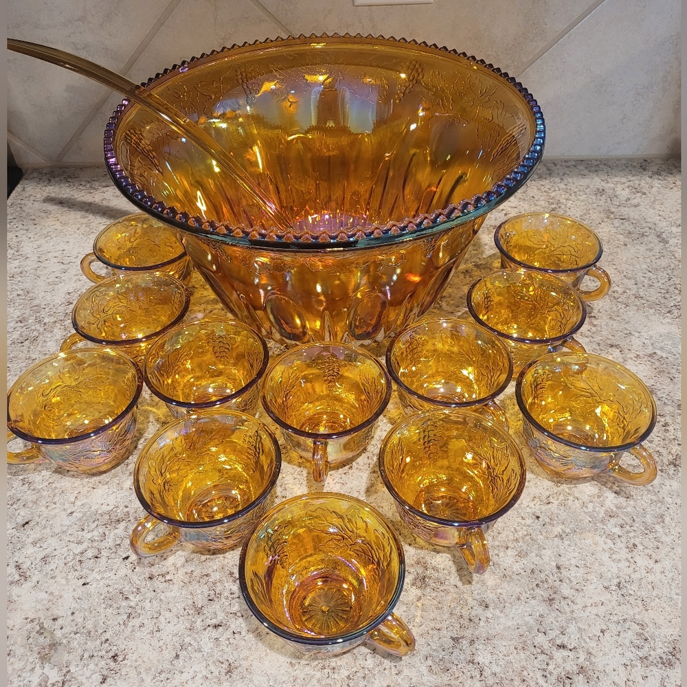 Vintage Iridescent Amber Indiana Glass Punch Bowl Set Carnival Original Box